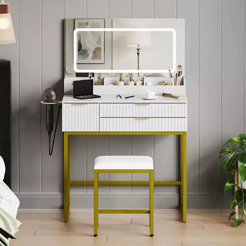 Coiffeuse éclairée avec miroir, tiroirs de rangement et tabouret