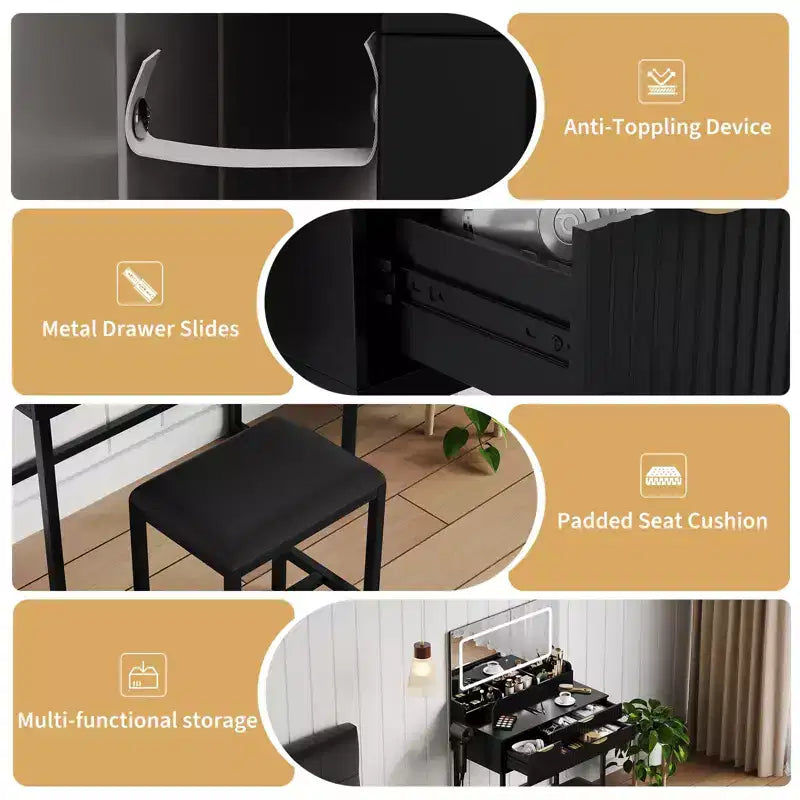 Coiffeuse éclairée avec miroir, tiroirs de rangement et tabouret