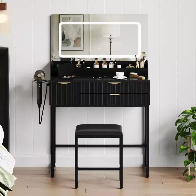 Coiffeuse éclairée avec miroir, tiroirs de rangement et tabouret