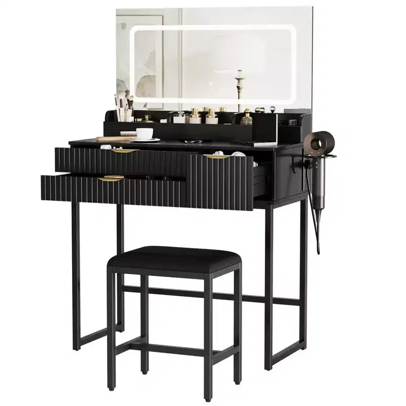 Coiffeuse éclairée avec miroir, tiroirs de rangement et tabouret