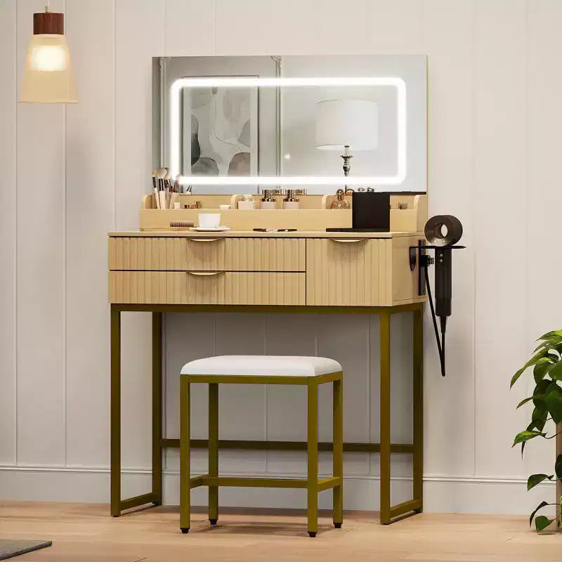 Coiffeuse éclairée avec miroir, tiroirs de rangement et tabouret