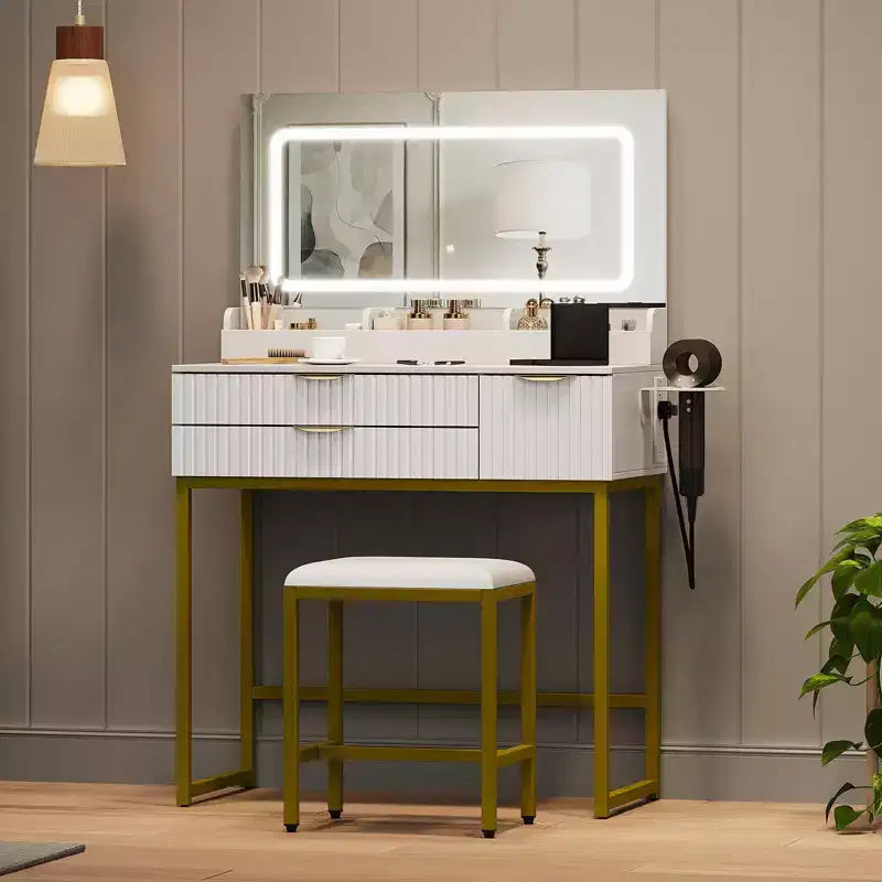 Coiffeuse éclairée avec miroir, tiroirs de rangement et tabouret