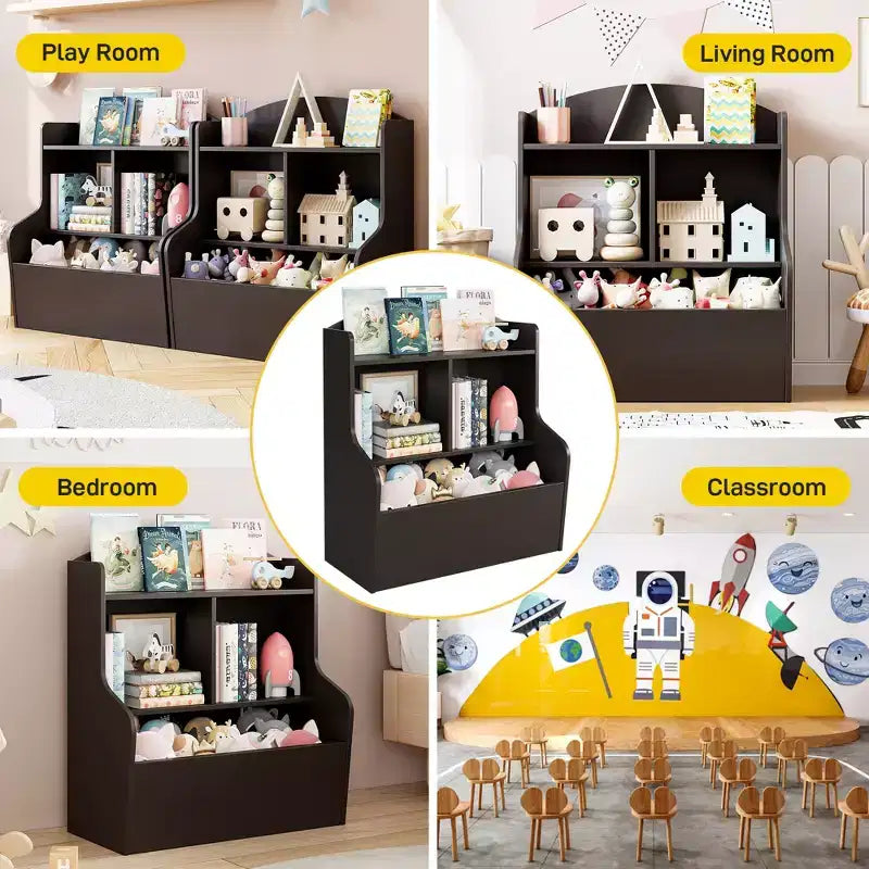 Étagère à Livres et Organisateur de Jouets 3 Niveaux pour Enfants avec Casiers de Rangement