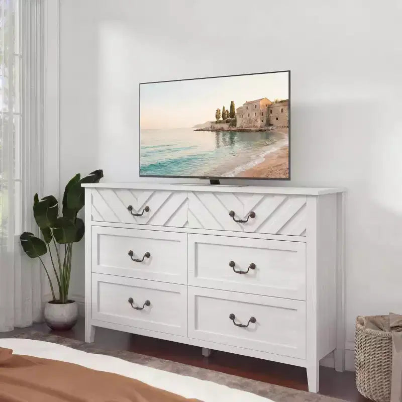 Meuble TV 6 tiroirs avec façade motif V et armoire de rangement