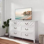 Meuble TV 6 tiroirs avec façade motif V et armoire de rangement