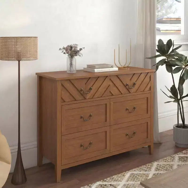 Meuble TV 6 tiroirs avec façade motif V et armoire de rangement