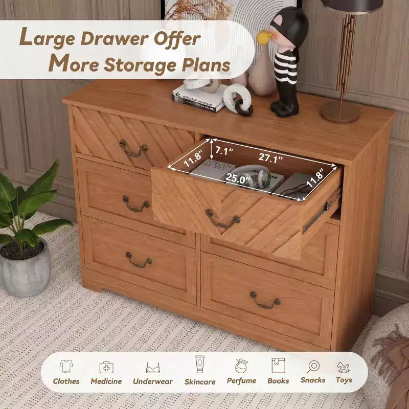 Meuble TV 6 tiroirs avec façade motif V et armoire de rangement