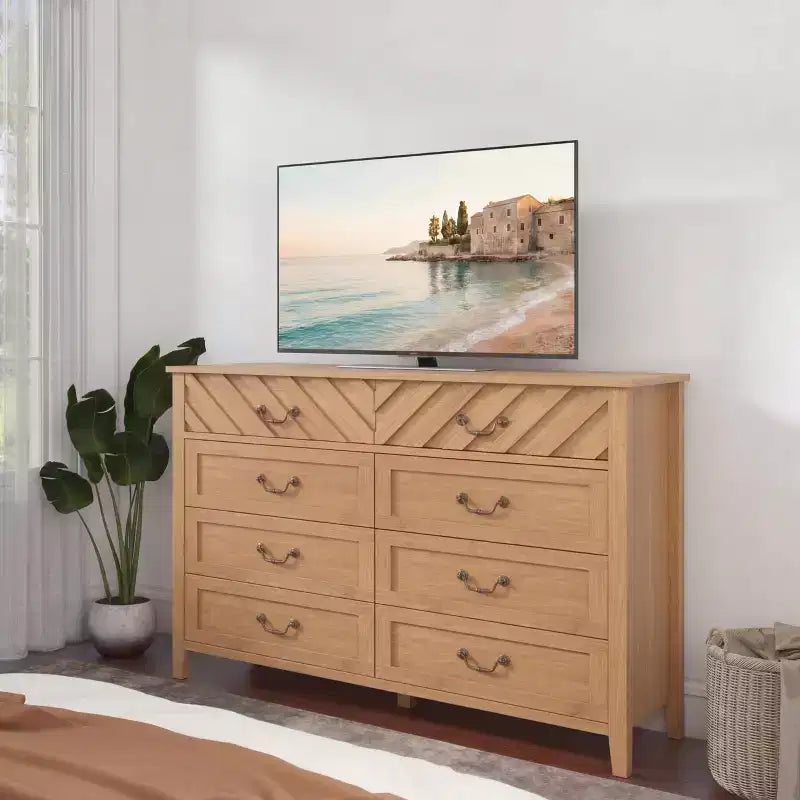 Meuble TV 6 tiroirs avec façade motif V et armoire de rangement