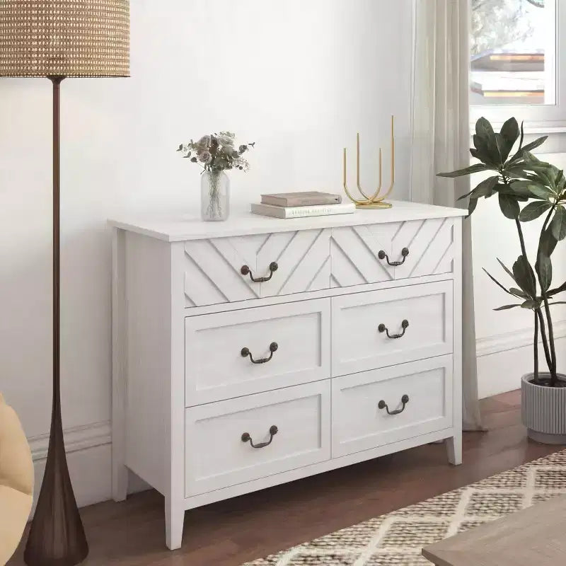 Meuble TV 6 tiroirs avec façade motif V et armoire de rangement