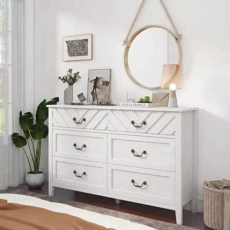 Meuble TV 6 tiroirs avec façade motif V et armoire de rangement