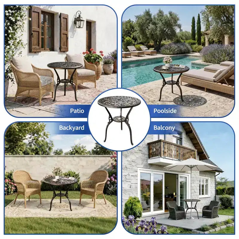 Table bistrot ronde d'extérieur avec trou pour parasol – Aluminium moulé, 58 cm