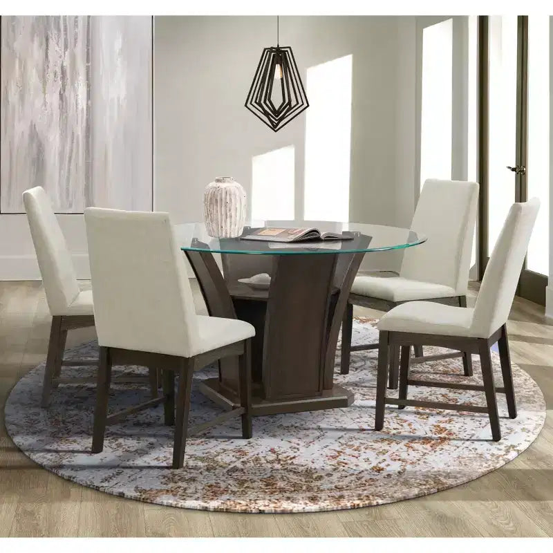 Table de salle à manger ronde avec plateau en verre et pied central