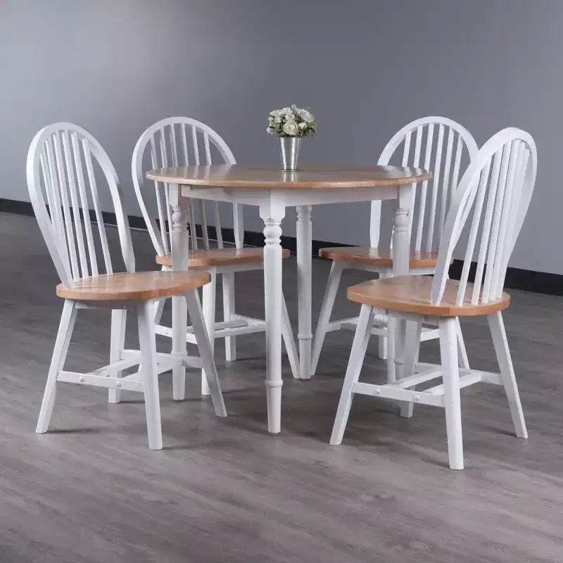 Ensemble table de salle à manger ronde avec abattants 5 pièces et 4 chaises Windsor – Bois massif naturel/blanc
