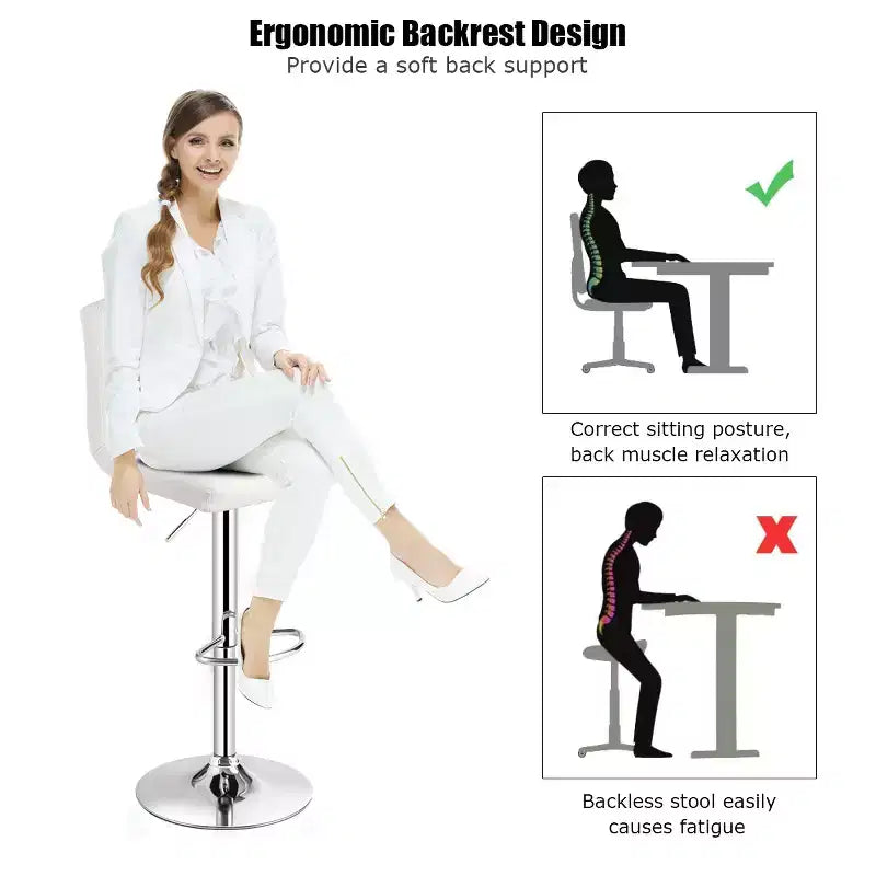 Lot de 2 tabourets de bar pivotants réglables avec siège en cuir PU, Blanc