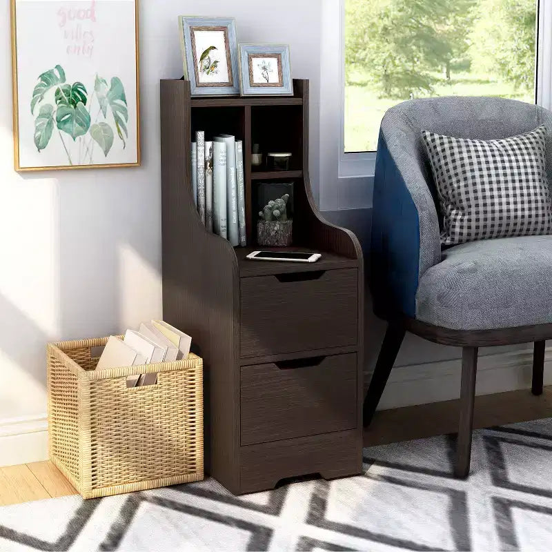 Table de chevet multi-rangements avec tiroirs et étagère