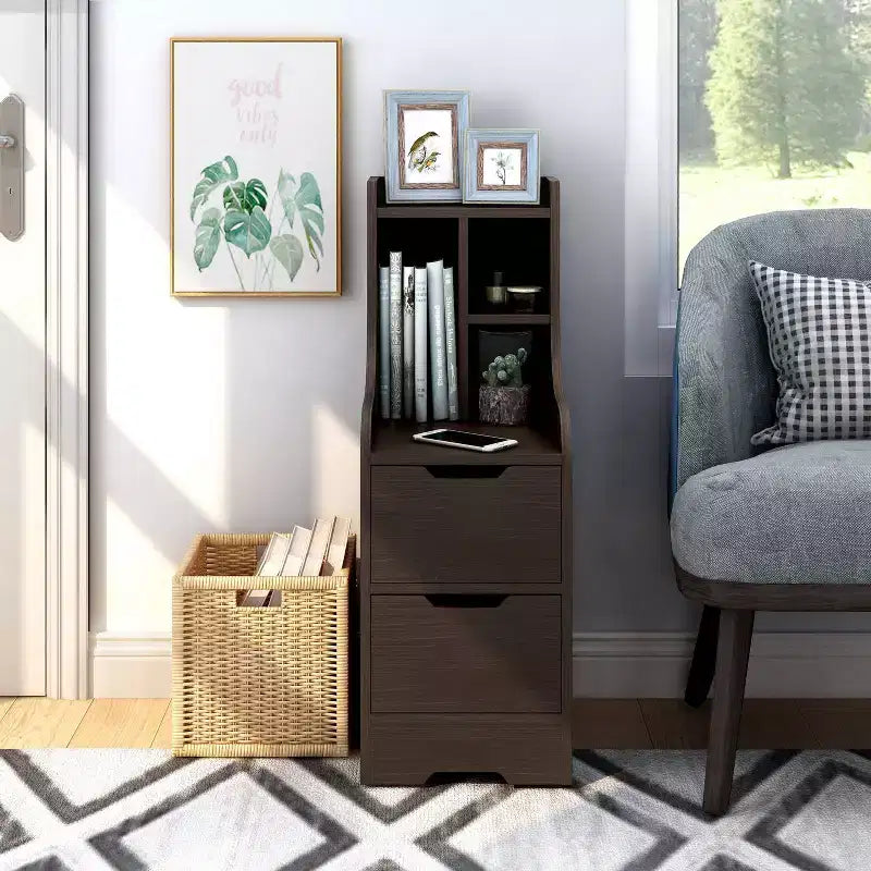 Table de chevet multi-rangements avec tiroirs et étagère