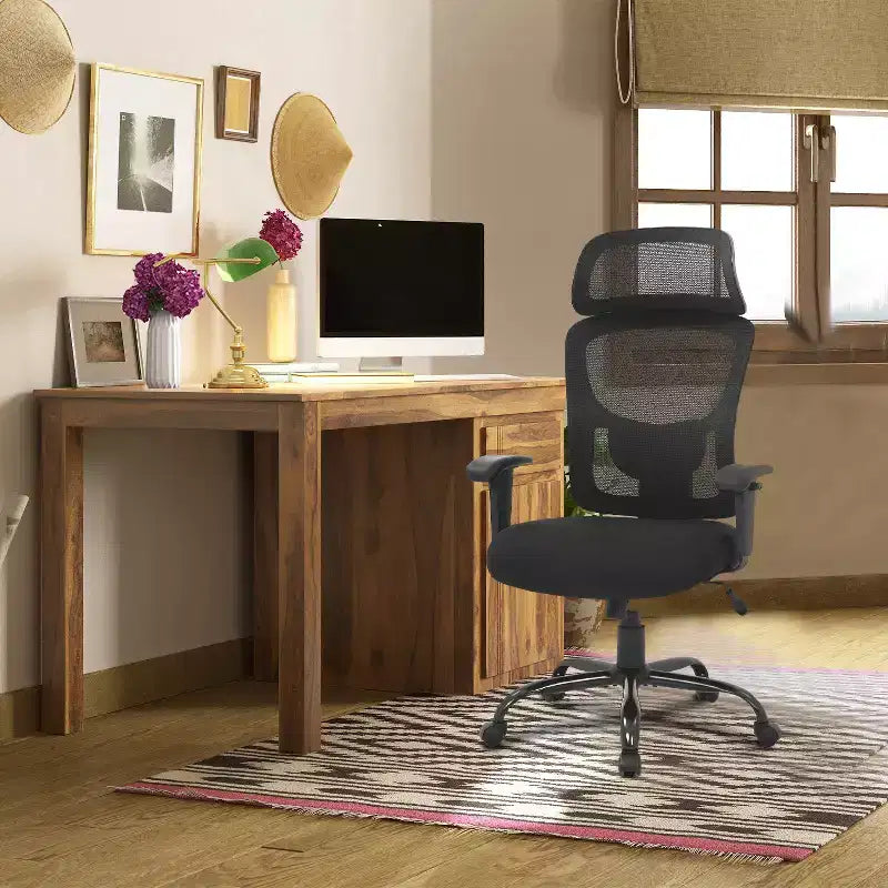 Chaise de bureau en maille grande taille avec support lombaire et appui-tête réglable, noire