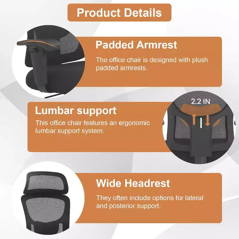 Chaise de bureau en maille grande taille avec support lombaire et appui-tête réglable, noire