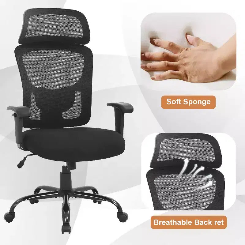 Chaise de bureau en maille grande taille avec support lombaire et appui-tête réglable, noire