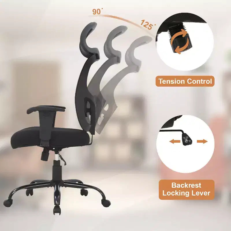 Chaise de bureau en maille grande taille avec support lombaire et appui-tête réglable, noire