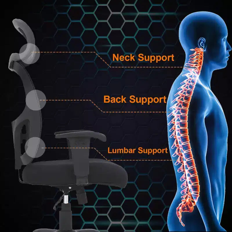Chaise de bureau en maille grande taille avec support lombaire et appui-tête réglable, noire