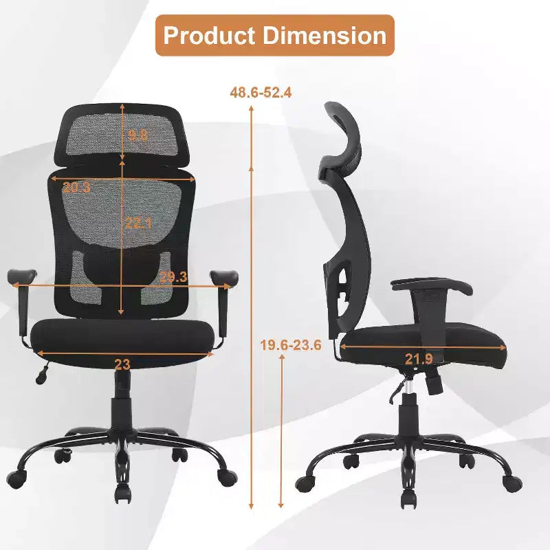 Chaise de bureau en maille grande taille avec support lombaire et appui-tête réglable, noire