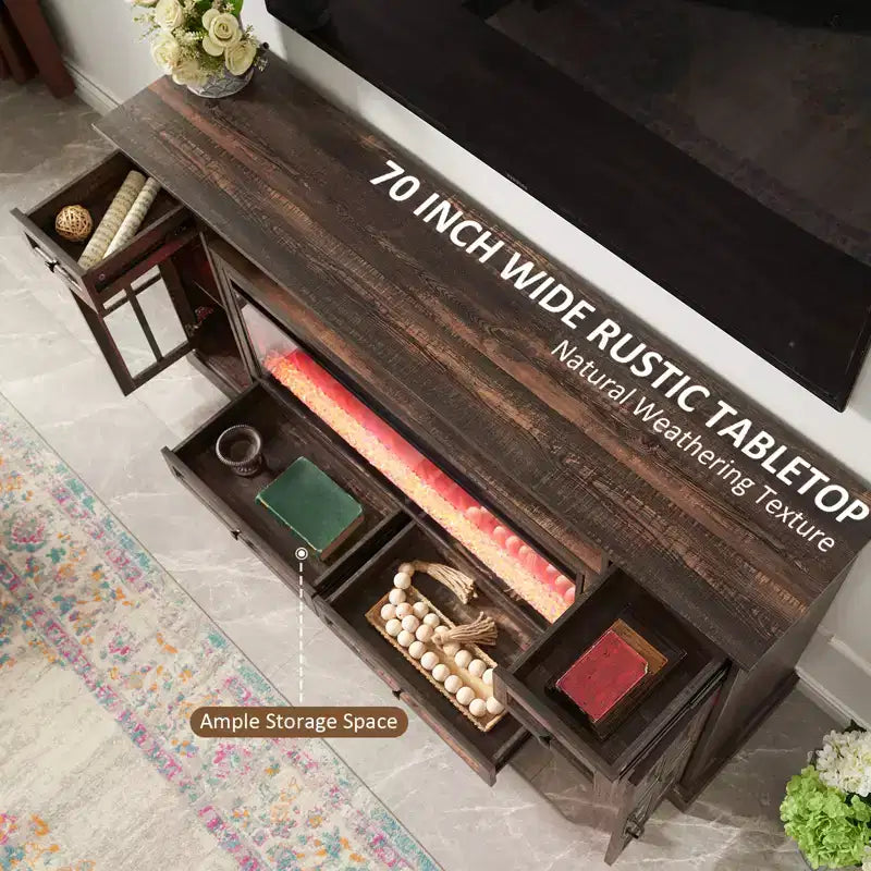 Meuble TV de cheminée de 70 po avec armoires de rangement et tiroirs