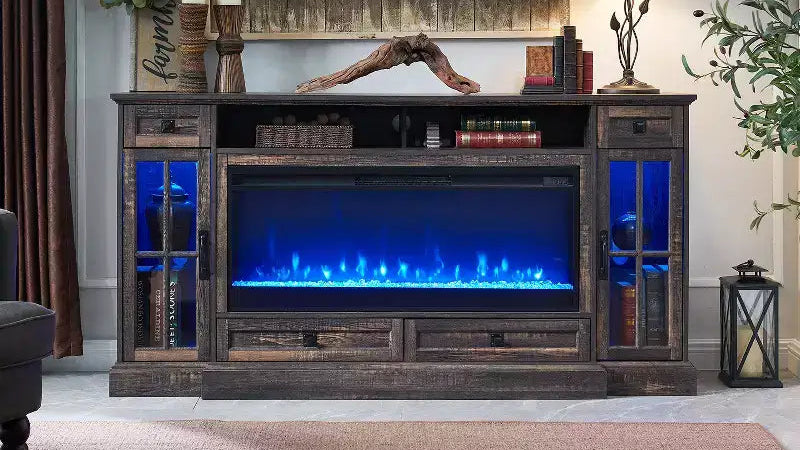 Meuble TV de cheminée de 70 po avec armoires de rangement et tiroirs