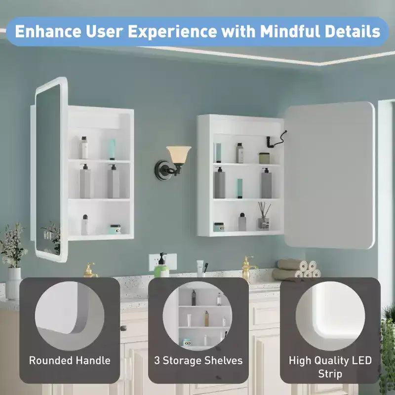 Armoire de toilette à LED avec miroir – Encastrable ou murale, anti-buée, intensité réglable, 3 modes d'éclairage