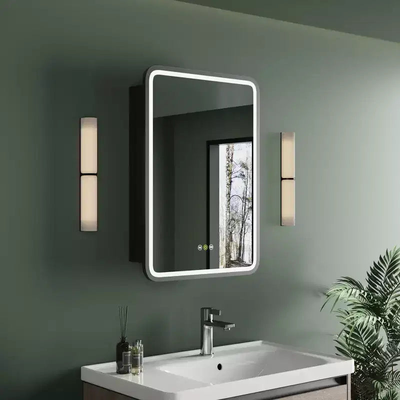 HBEZON LED Lighted Medicine Cabinet, Recessed or Wall-Mounted Bathroom Mirror Cabinet, Anti-Fog, Dimmable, 3 Lighting Modes, Memory Function