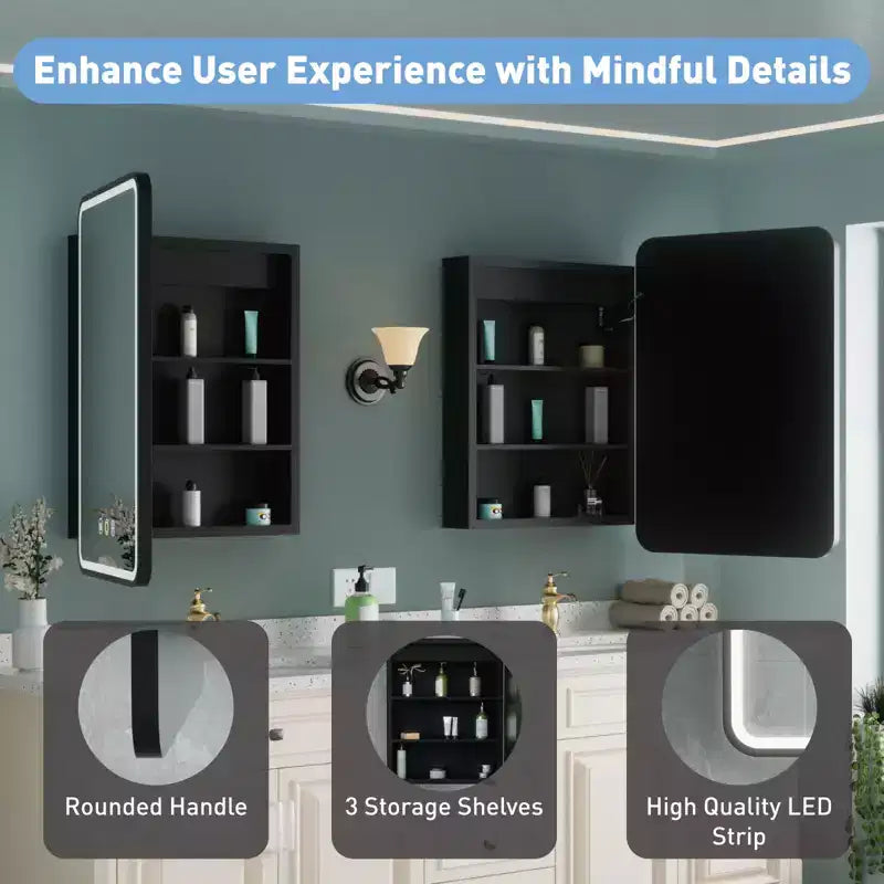 Armoire de toilette à LED avec miroir – Encastrable ou murale, anti-buée, intensité réglable, 3 modes d'éclairage