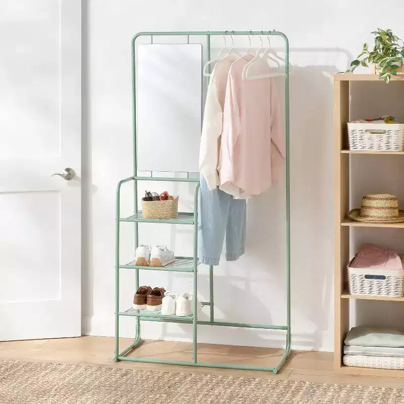 Portant à vêtements en métal avec miroir et étagères
